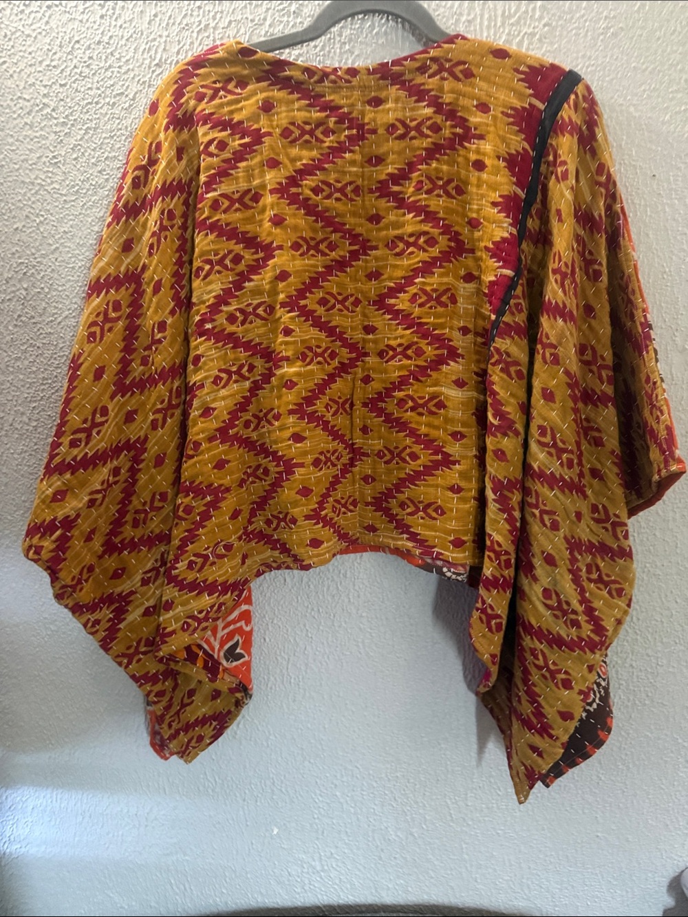 Upcycled Kantha Handcrafted Orange Patchwork V-Neck Cropped Tunic - Picture 2 of 4
